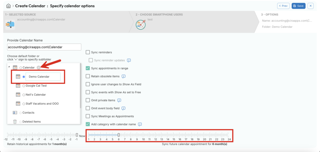 Specify your calendar options