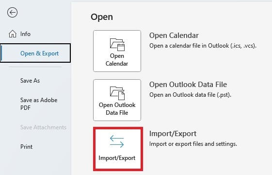 In the Outlook application, go to File, Open & Export, and Import/Export.