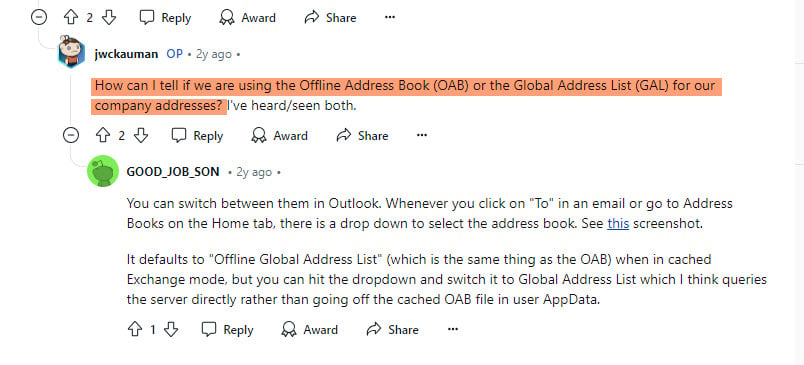 Reddit conversation about the offline global address list