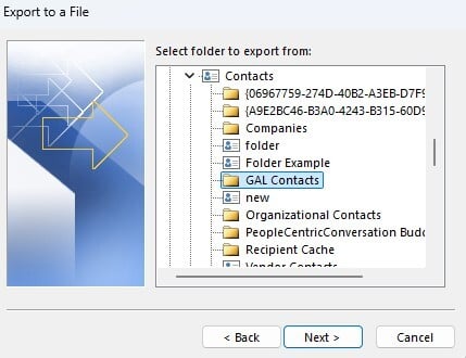 Select GAL Contacts to Export the Outlook offline global address list