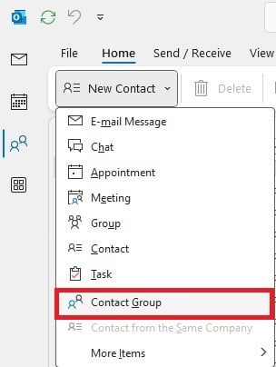 choose Contact Group from the New Contact section's drop-down list