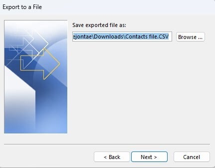 select the destination folder and name for the exported file