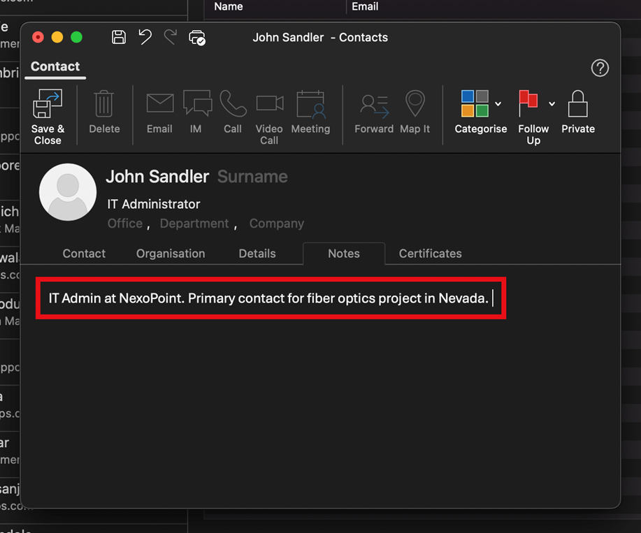 Add Notes to Outlook Contacts