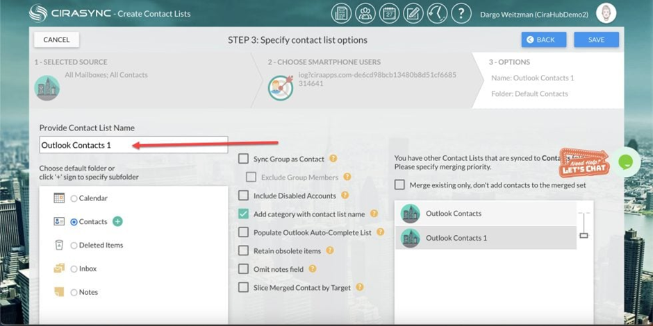 Name your Outlook contact list in CiraSync