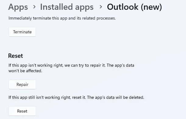 Choose Reset in Outlook in Installed Apps