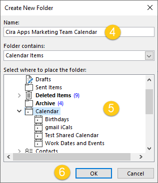 sélectionner où placer le calendrier partagé créé sur Outlook