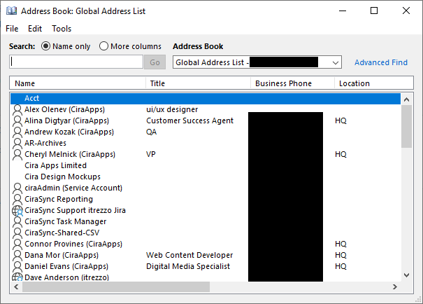 afficher la liste d'adresses globale sur Outlook