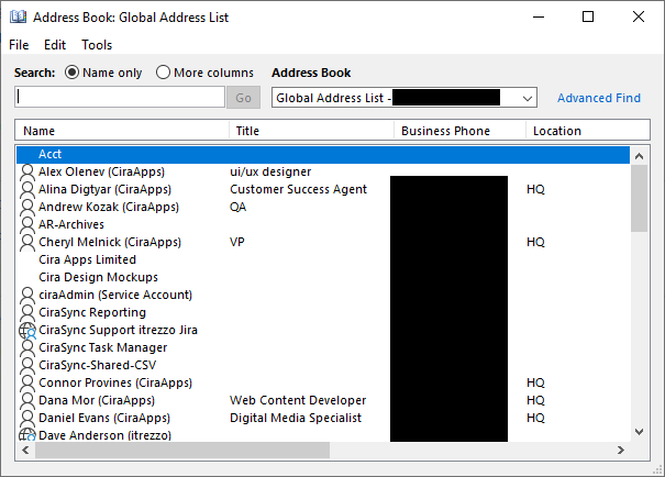 wdefault contact list outlook 2016