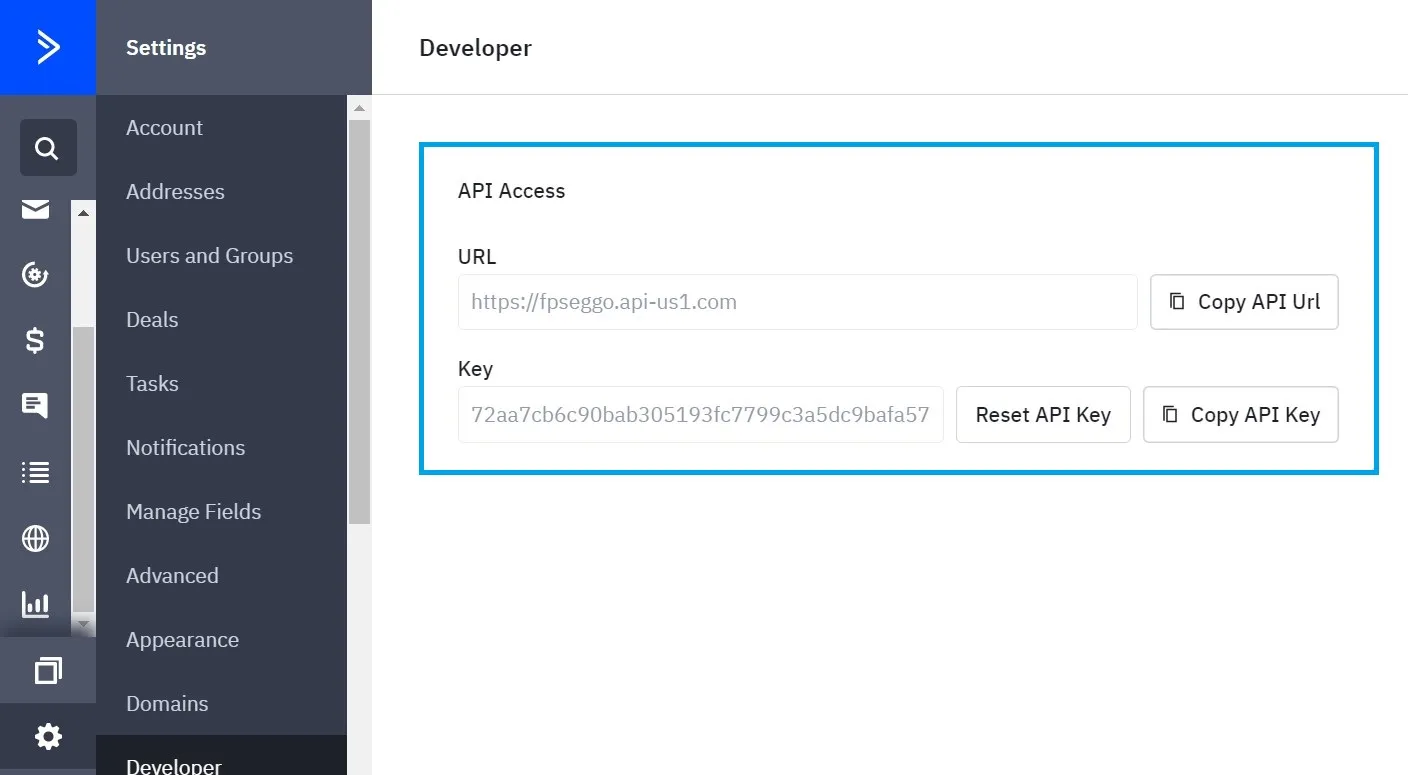 Active Campaign Key and URL