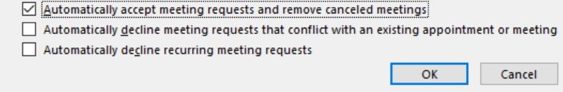 Check box to automatically accept meeting requests and remove canceled meetings