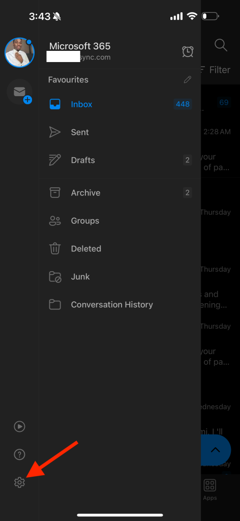 Click the Gear icon for Outlook settings