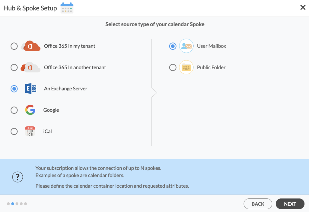 Select User Mailbox as your calendar spoke