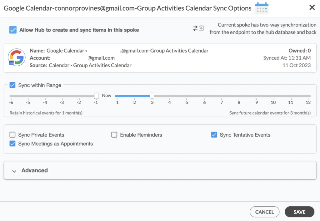 Modify your sync options
