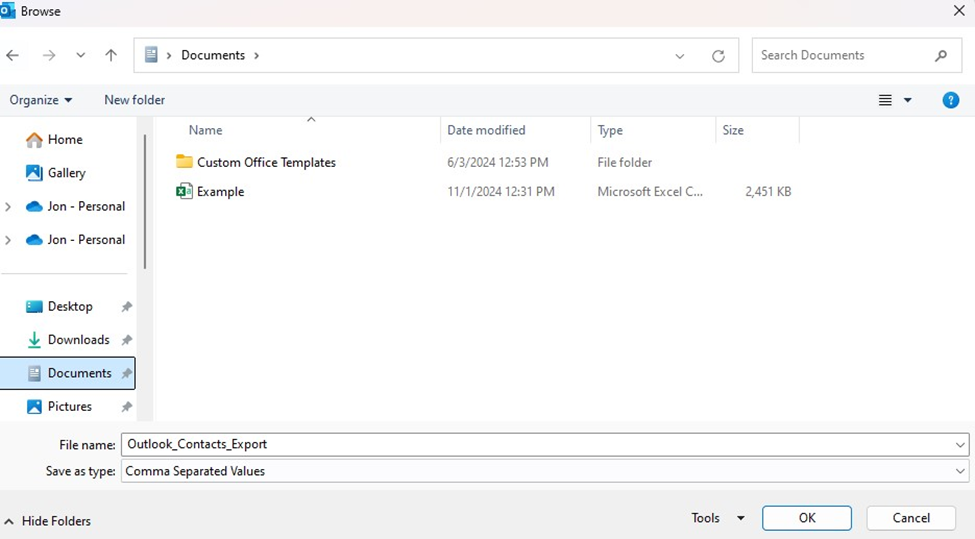 Choose Destination Folder for Outlook Contacts