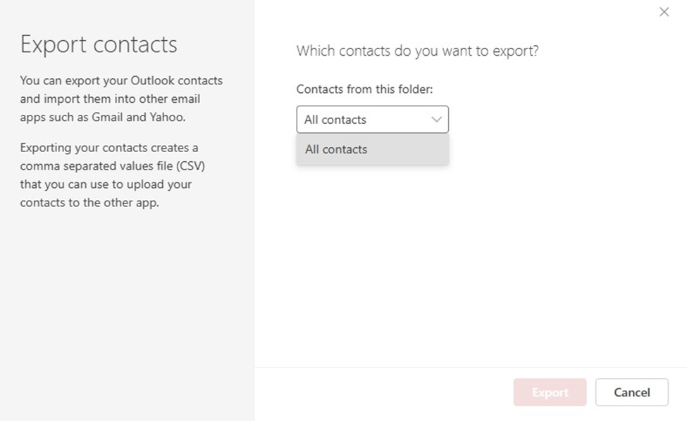 Choose the specific Outlook contacts to export