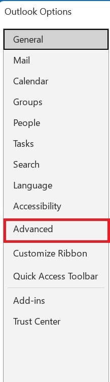 In Outlook Options, select Advanced