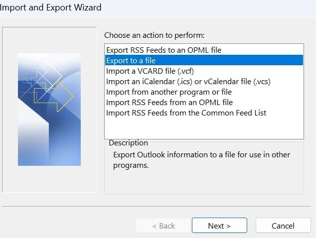 Choose Export to a file and click Next
