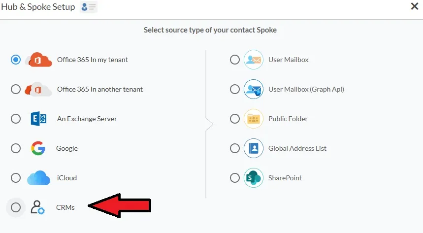 Select Crms as the source type of your contact spoke
