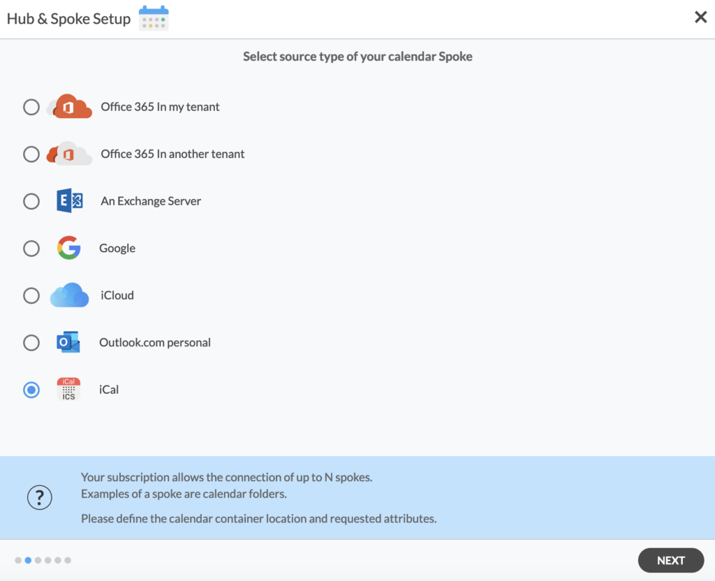 Select iCal as the source type of your calendar spoke