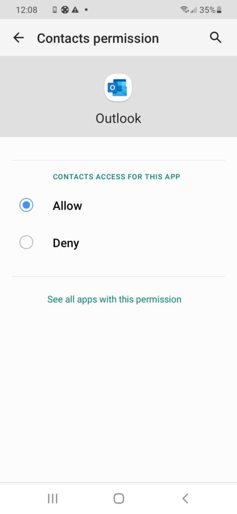 allow contact access permissions in outlook app