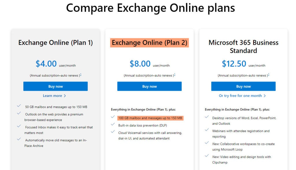 Exchange Online Pricing Plan