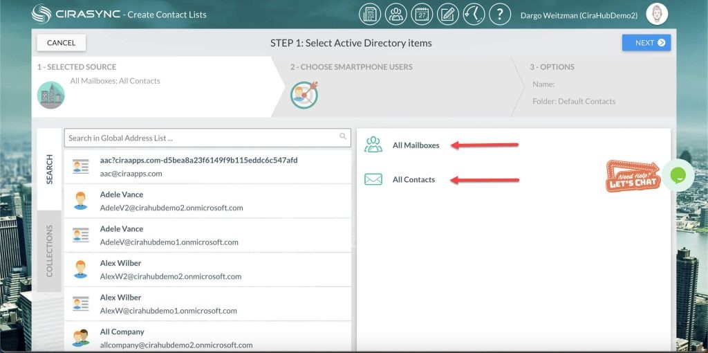 select the Global Address List ot Update Using CiraSync