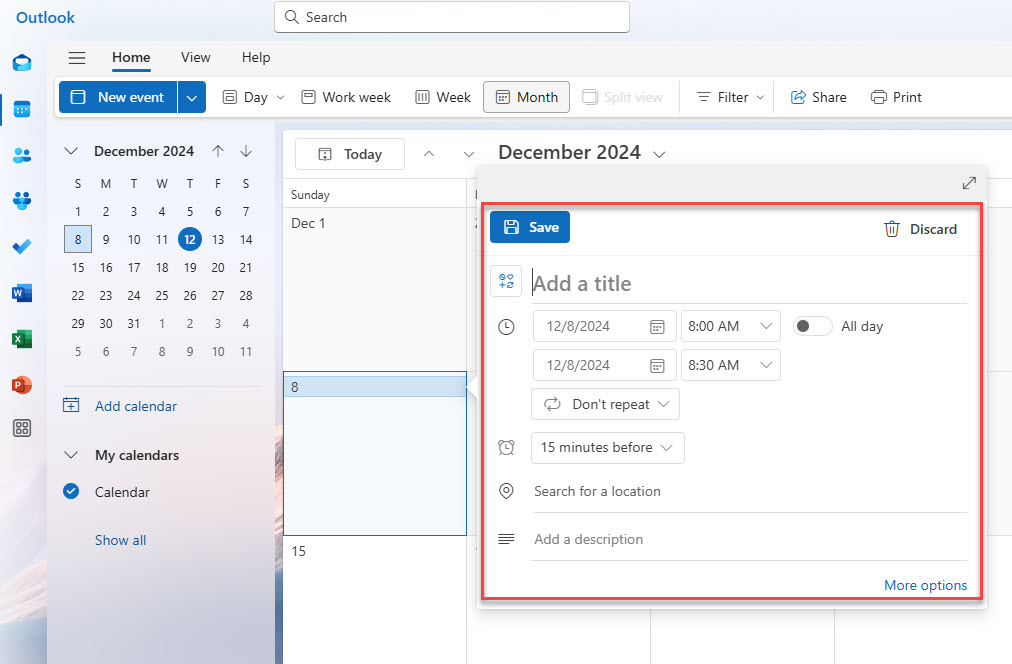 Create an Event in Outlook Calendar