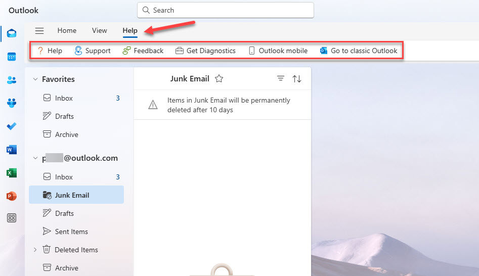 Help and Support Settings in Outlook New