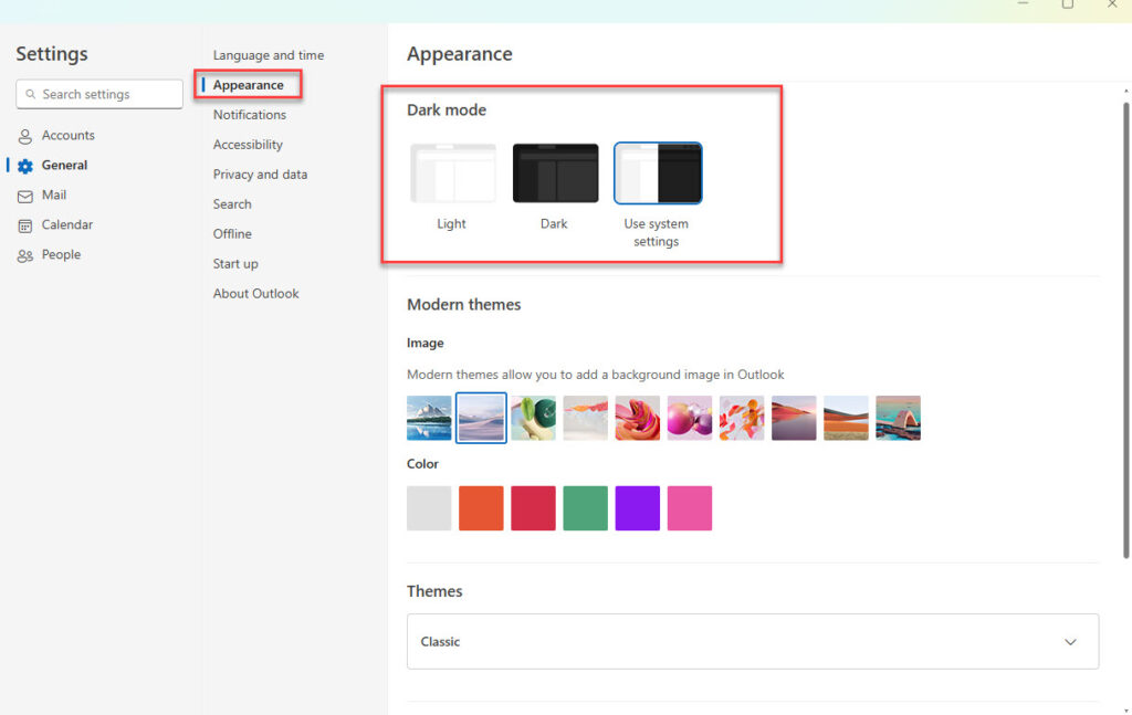 Microsoft Outlook Appearance Settings