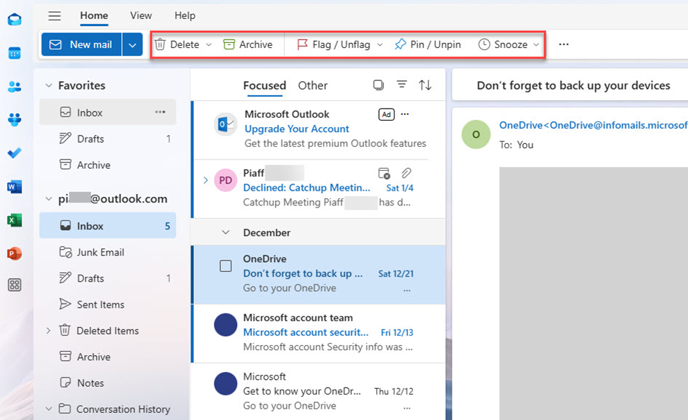 delete and archive emails in Outlook