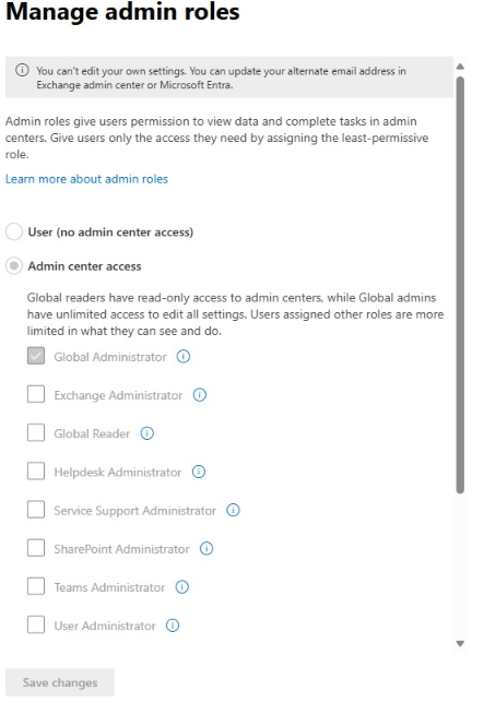 Click Admin Center Access and click Global Administrator