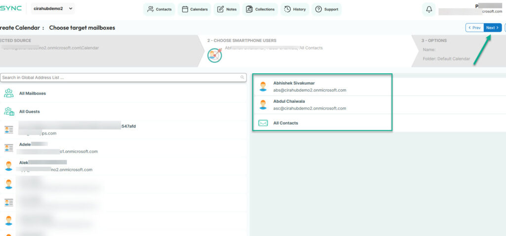 choose the users to sync the calendars to