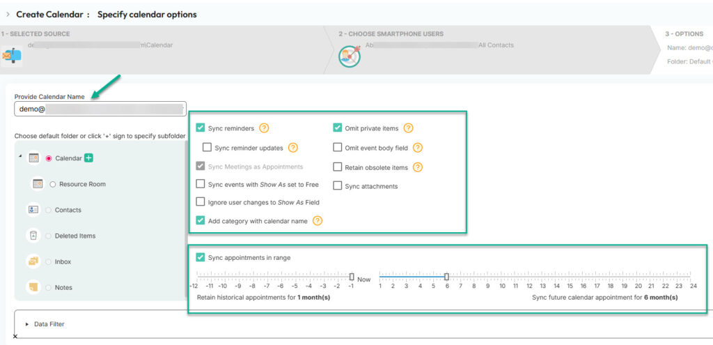 set calendar sync settings in cirasync