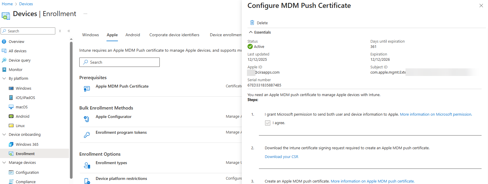 activate device apple enrollment in microsoft intune