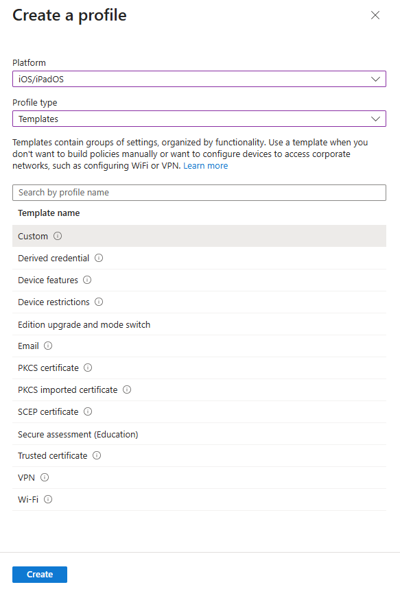 create new policy profile in microsoft intune