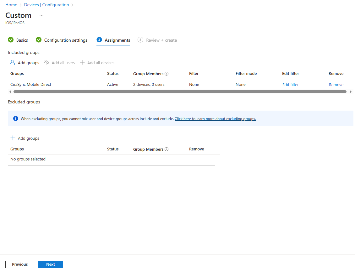 set intune assignment to sync contacts to ios