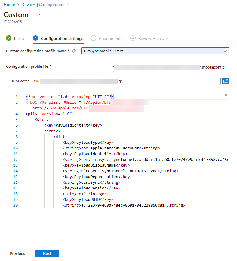 settings configuration in microsoft intune for mobile direct