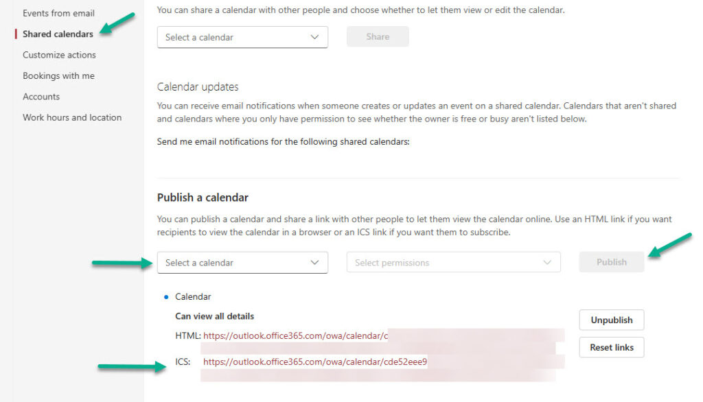 publish a calendar in outlook and add url to google calendar
