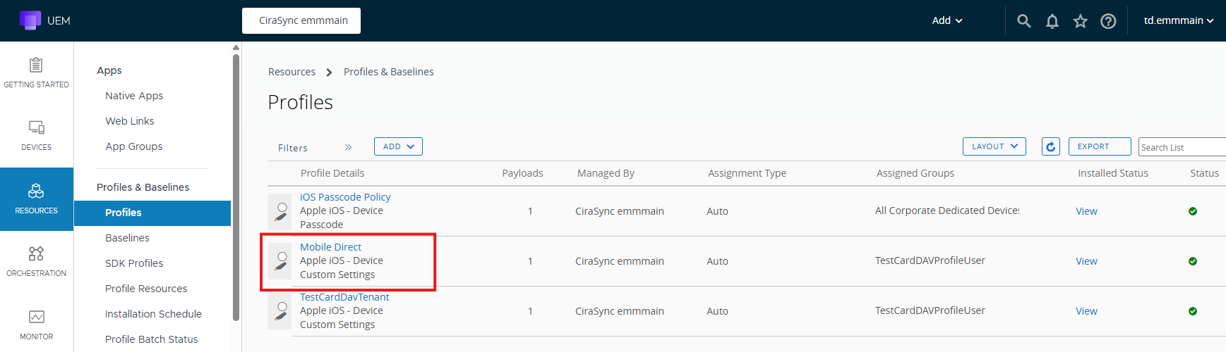 A screenshot showing how the Mobile Direct profile now appears in the Profiles list with a green status indicator.