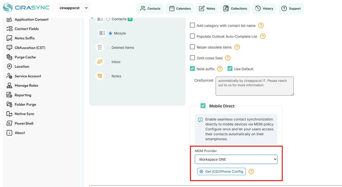 A screenshot of CiraSync Sync Tunnel wizard with Mobile Direct enabled and Workspace ONE selected.