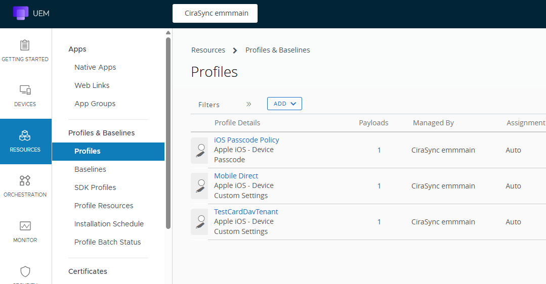 A screencap of Workspace ONE UEM Profiles & Baselines page.