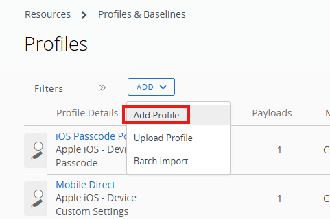 A screencap of the add Profile dropdown menu.