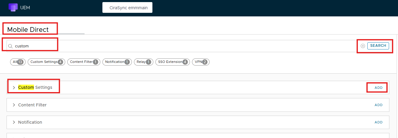 A screencap of a menu, with Search for “custom” and click ADD next to Custom Settings