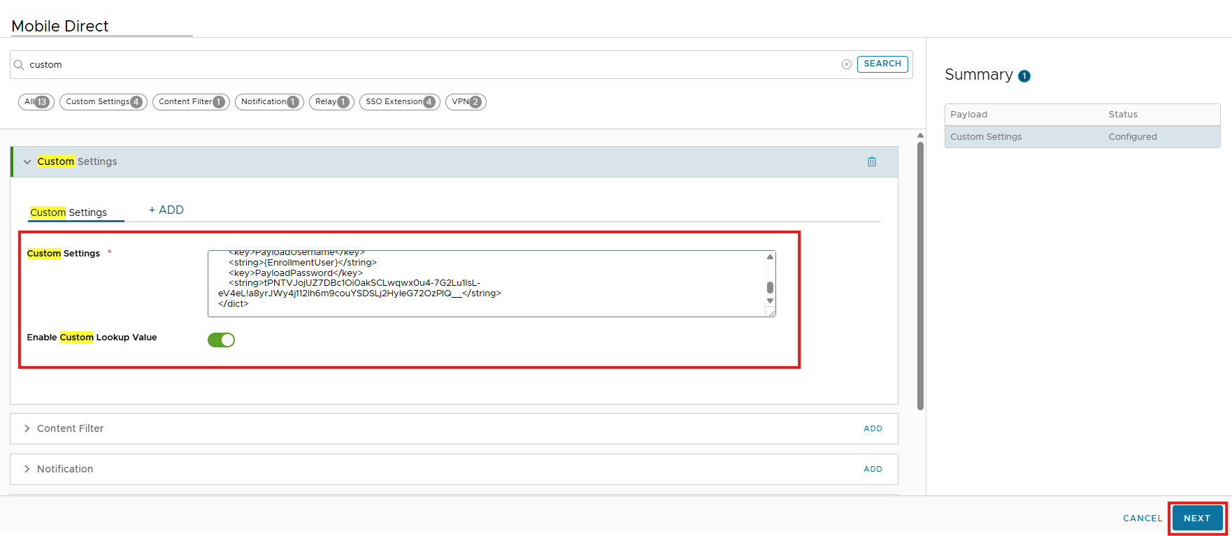 A screencap of a menu, showing the reader how to paste the CiraSync XML configuration and enable Custom Lookup Value.