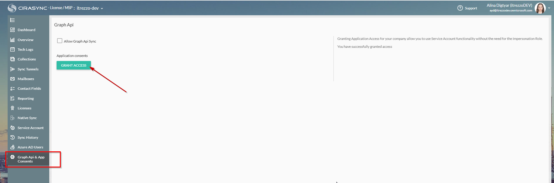 A picture of the CiraSync tenant page