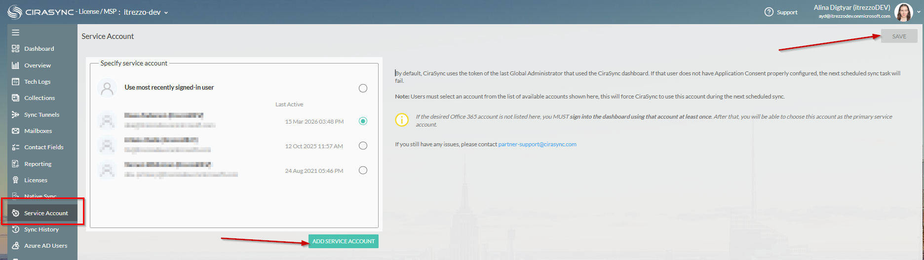 A picture of the CiraSync tenant page