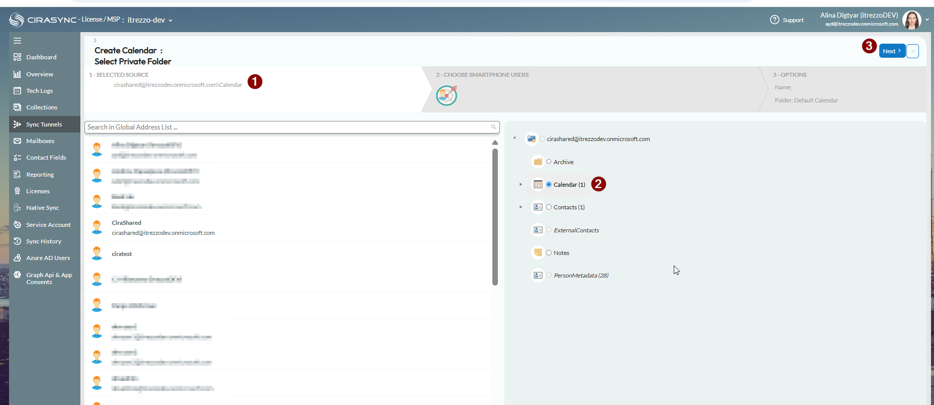A picture of the Select Calendar Source screen in CiraSync