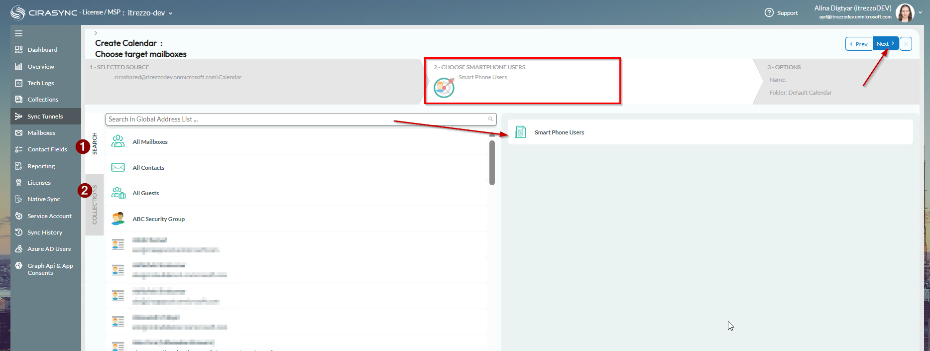 A picture of the Choose Users screen in CiraSync