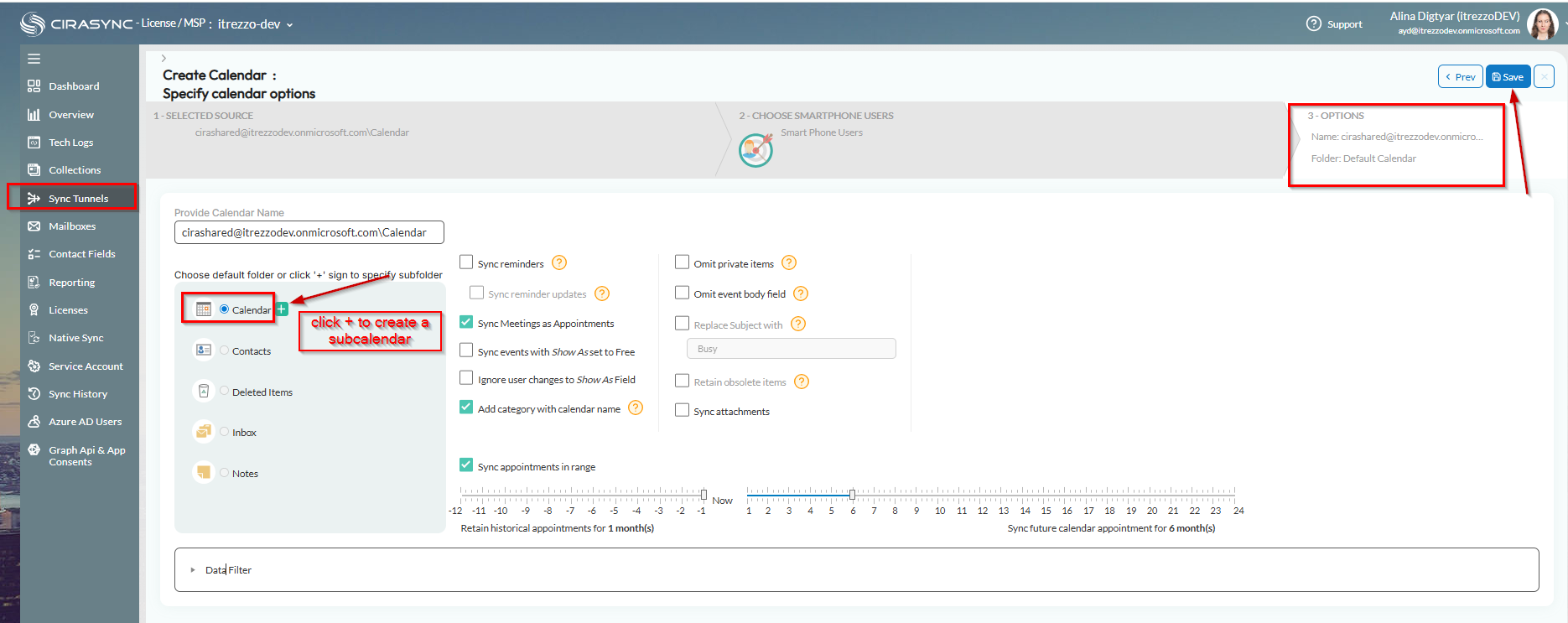 A picture of the Sync Configuration screen in CiraSync
