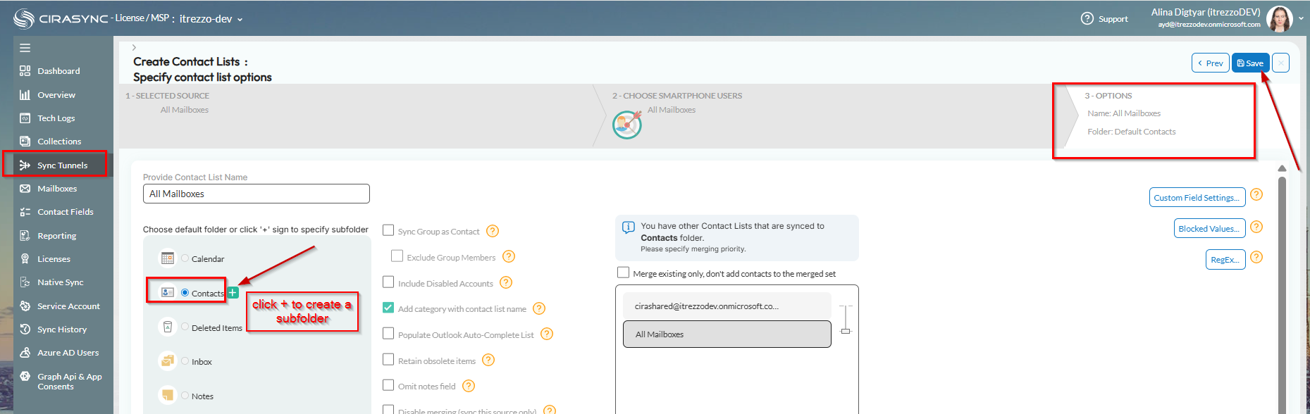 A picture of the Configure Sync Direction screen in CiraSync